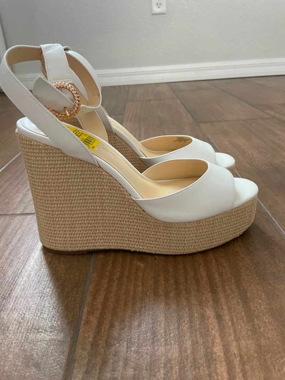 Jessica Simpson Kamindi White Peep-Toe Wedge Sandals with Gold-Tone Buckle